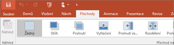 Zobrazí kartu přechodů na pásu karet v PowerPointu.