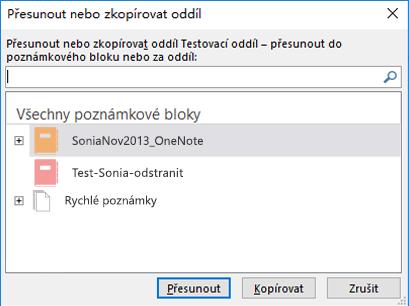 OneNote pro Windows 2016 – Dialogové okno Přesunout nebo zkopírovat oddíl