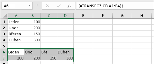 Výsledek vzorce v buňkách A1:B4 transponovaných do buněk A6:D7