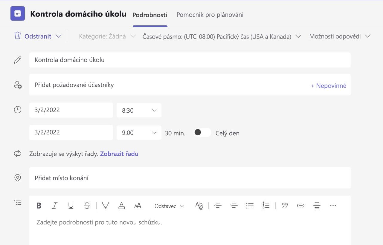 Snímek obrazovky, na které nejsou žádné podrobnosti o schůzce ve webové verzi Teams