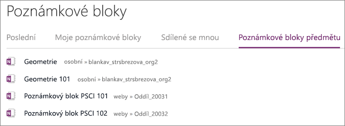 Poznámkový blok předmětu