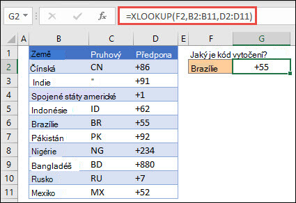 Příklad funkce XLOOKUP, která se používá k vrácení jména a oddělení zaměstnance na základě ID zaměstnance. Vzorec je =XLOOKUP(B2;B5:B14;C5:C14)