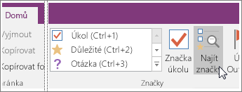 Snímek obrazovky Najít značky v OneNotu 2016
