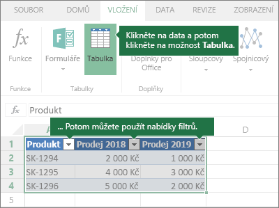 Karta Vložení, tlačítko Tabulka, nabídky filtrování