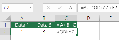 Chyba #REF! způsobená odstraněním sloupce.  Vzorec se změnil na =A2+#REF!+B2.