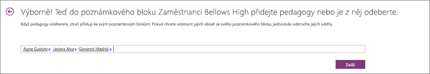 Zadejte jména pedagogů a přidejte je do poznámkového bloku pro pedagogy.