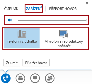 Snímek obrazovky s nabídkou zvukového zařízení ve schůzce