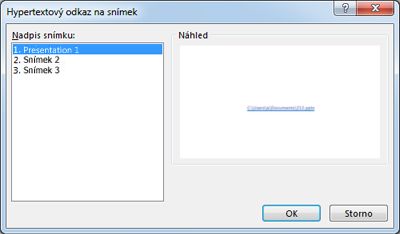 Dialogové okno Hypertextový odkaz na snímek