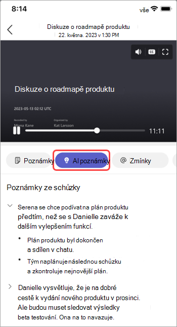 Zobrazte si poznámky vygenerované pomocí umělé inteligence v rekapitulace schůzky v Teams.