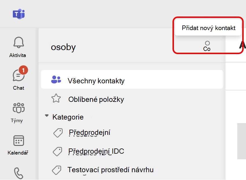 Snímek obrazovky s ikonou přidat nový kontakt v aplikaci Teams Lidé