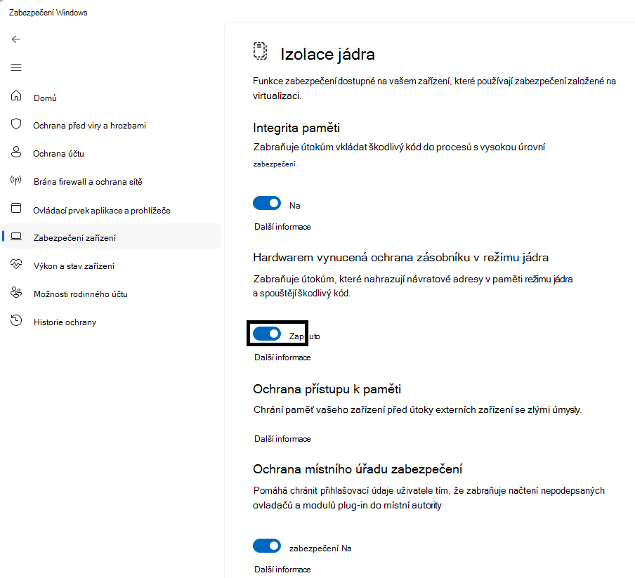 Označuje umístění přepínače uživatelského rozhraní vynucované hardwarem v režimu jádra na stránce Izolace jádra aplikace Zabezpečení Windows.