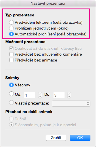 Možnosti pro typ prezentace