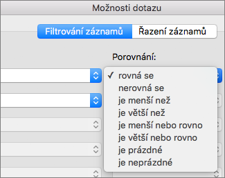 Klikněte na možnosti Porovnání, které chcete nastavit.