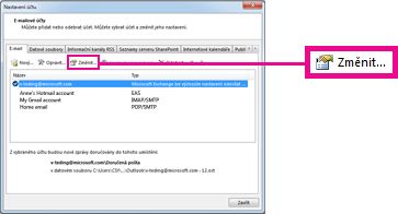 Příkaz Změnit v dialogovém okně Nastavení účtu