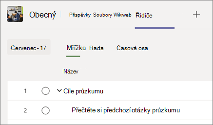 Snímek obrazovky zobrazující kartu Projekt spolu s dalšími kartami kanálu Teams