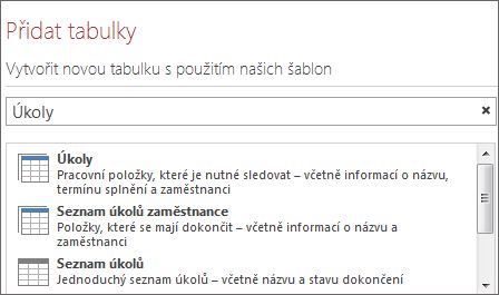 Vyhledávací pole šablony tabulky na uvítací obrazovce Accessu.