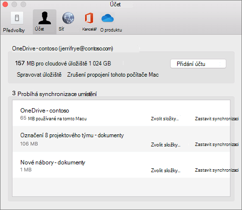 Snímek obrazovky s kartou Účet na synchronizačním klientovi OneDrivu pro Mac