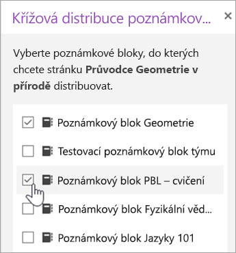 Okno pro výběr distribuce napříč poznámkovými bloky