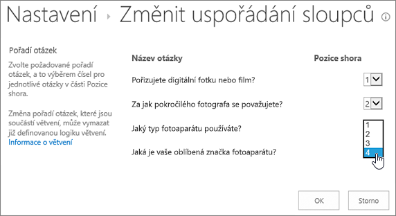 Dialogové okno Změnit pořadí otázek se zvýrazněnou rozevírací seznam na jedné otázce