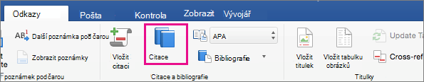 Zvýrazněný příkaz Citace na kartě Odkazy