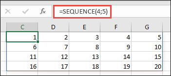 Příklad funkce SEQUENCE s polem 4×5