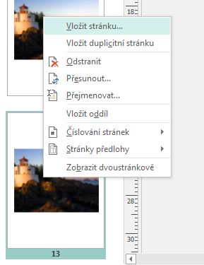 Pokud chcete vložit stránku, klikněte pravým tlačítkem na některou stránku v podokně Navigace na stránce.