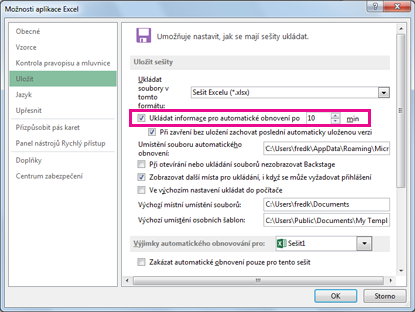 Možnost pro automatické obnovení na kartě Uložit v dialogu Možnosti aplikace Excel