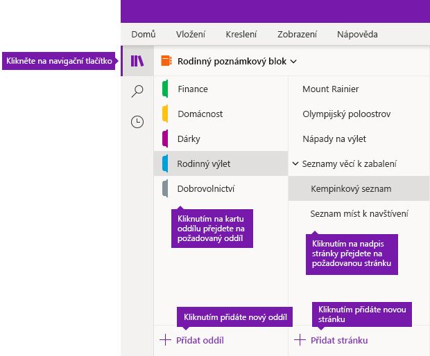 Oddíly a stránky ve OneNotu pro Windows 10