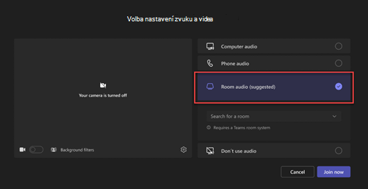 Obrazovka předpřidružování Teams s možností Zvuk místnosti (doporučeno).