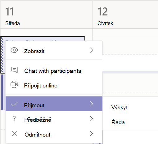 Místní nabídka u události kalendáře v Teams