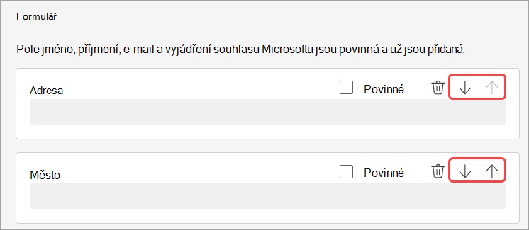 Snímek obrazovky znázorňující, jak změnit pořadí otázek k registraci pro webinář