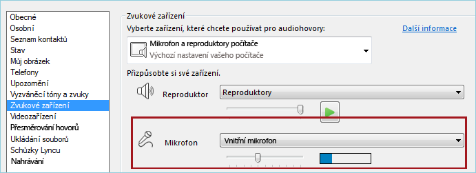 Snímek obrazovky s kontrolou mikrofonu ve zvukovém nastavení Lyncu
