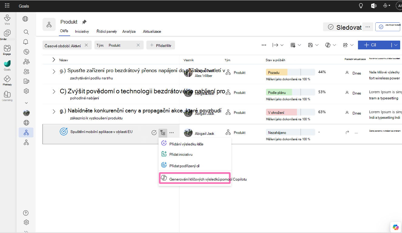 Snímek obrazovky znázorňující zobrazení okr produktového týmu s otevřenou nabídkou přidat podřízené položky jednoho cíle