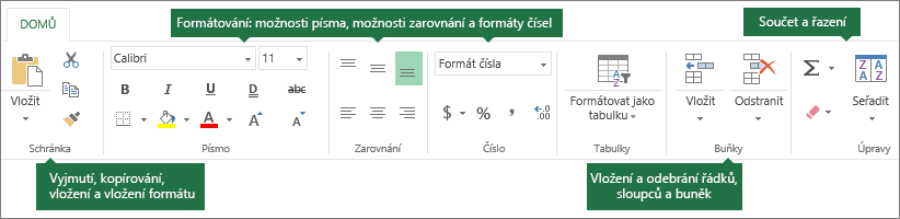 Karta Domů s tlačítky vyjmout, kopírovat, vložit,vložit formátování; možnosti formátování jako písmo, zarovnání a číselné formáty; Vložení řádků/sloupců; Součet a řazení