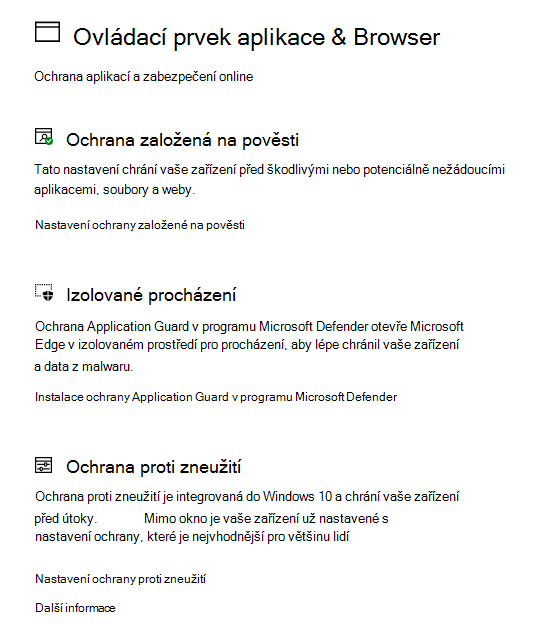 Řízení aplikací a prohlížečů v Zabezpečení Windows