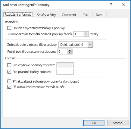 Dialogové okno Možnosti kontingenční tabulky