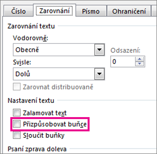 Možnost Přizpůsobovat buňce na kartě Zarovnání v dialogu Formát buněk