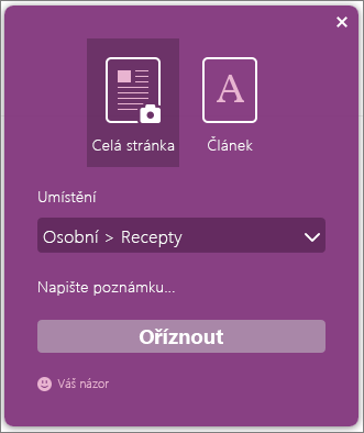 Snímek obrazovky dialogového okna OneNote Clipper.