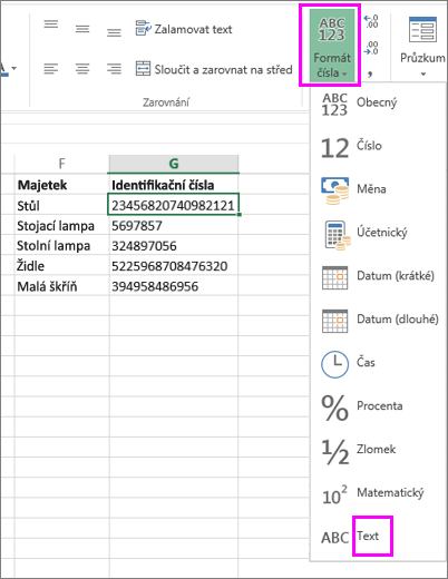 Použití textového formátu u čísel