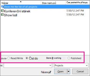 Dialogové okno Otevřít, které zobrazuje soubory Project Web Appu