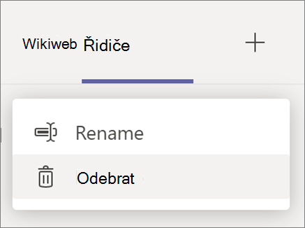 Snímek obrazovky s rozevíracím seznamem karet s možnostmi Přejmenovat a odebrat