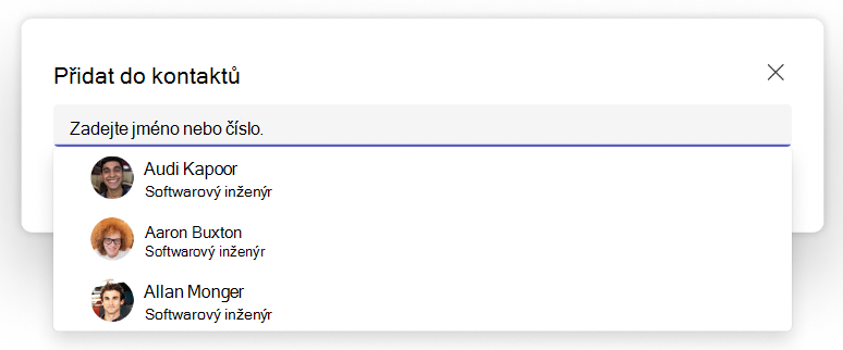 Snímek obrazovky s rozevírací nabídkou přidat do kontaktů v aplikaci Teams Lidé