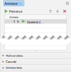 Podokno animací obsahuje možnosti efektu, časování a textové efekty.