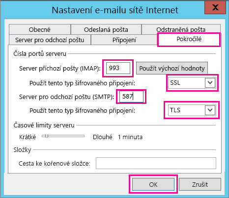 Zadejte upřesňující nastavení e-mailu.