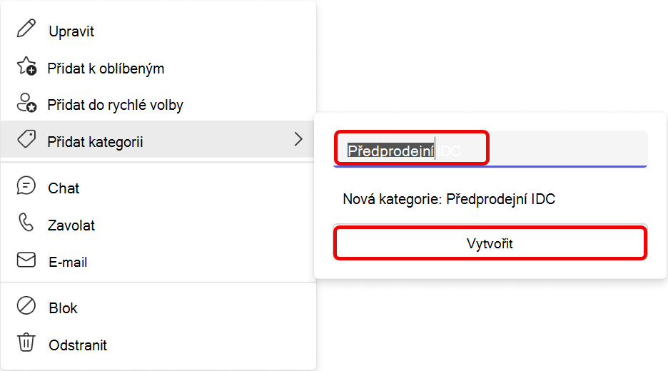 Snímek obrazovky s pracovním postupem přidání kategorie v aplikaci Teams People