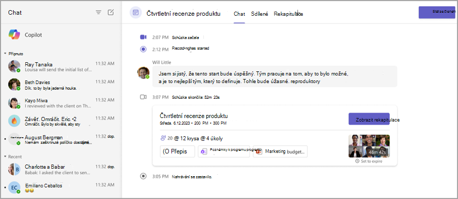 Snímek obrazovky znázorňující funkce rekapitulace schůzky v chatu schůzky