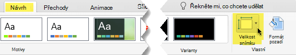Tlačítko Velikost snímku je na pravém konci karty Návrh na panelu nástrojů.