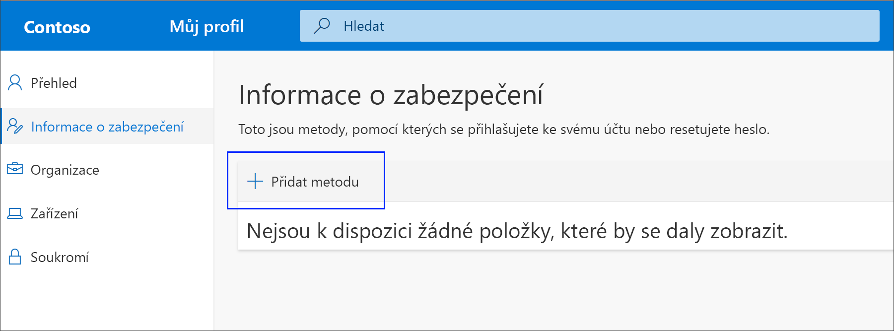 Stránka Bezpečnostní údaje se zvýrazněnou možností Přidat metodu