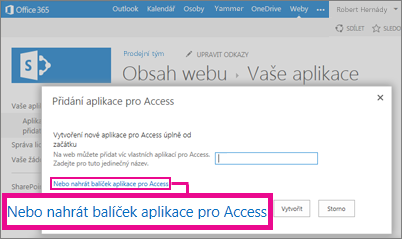 Nahrání balíčku aplikace pro Access na stránce Přidat aplikaci na sharepointovém webu