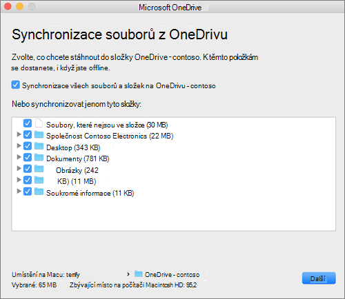 Snímek obrazovky s nabídkou nastavení OneDrivu pro výběr složek nebo souborů, které se mají synchronizovat